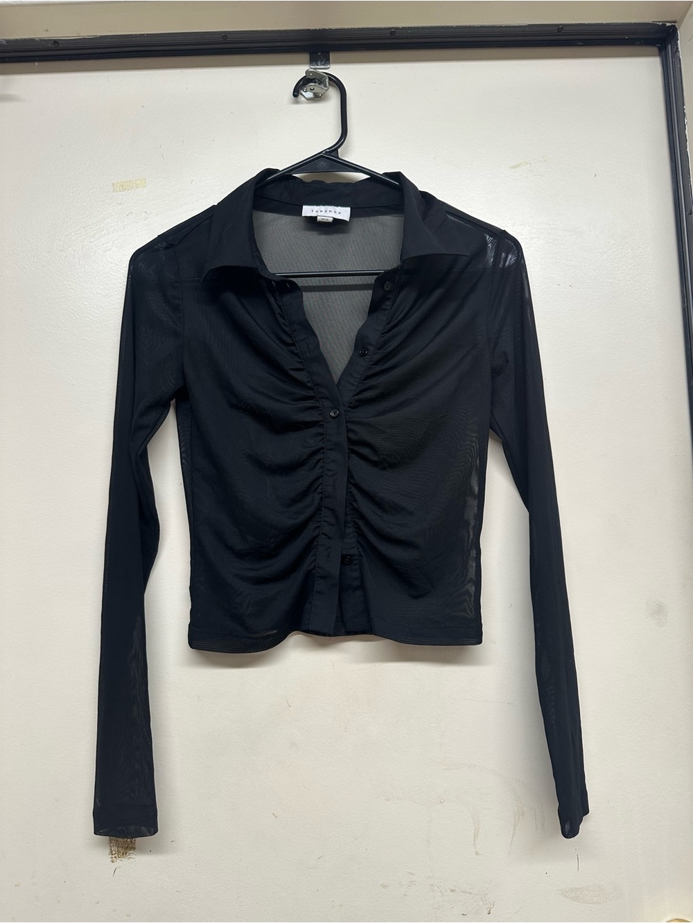 Topshop Black Sheer Ruched Button-Front Long Sleeve Shirt